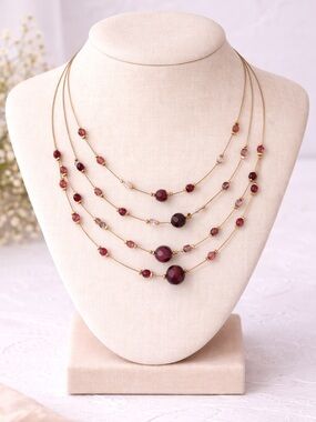 Layered Gold-Tone Burgundy Plum Multi Strand Beaded Statement Necklace